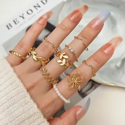 Pearl Golden Leaf Floral Vintage Knuckle Rings (10 Pcs)